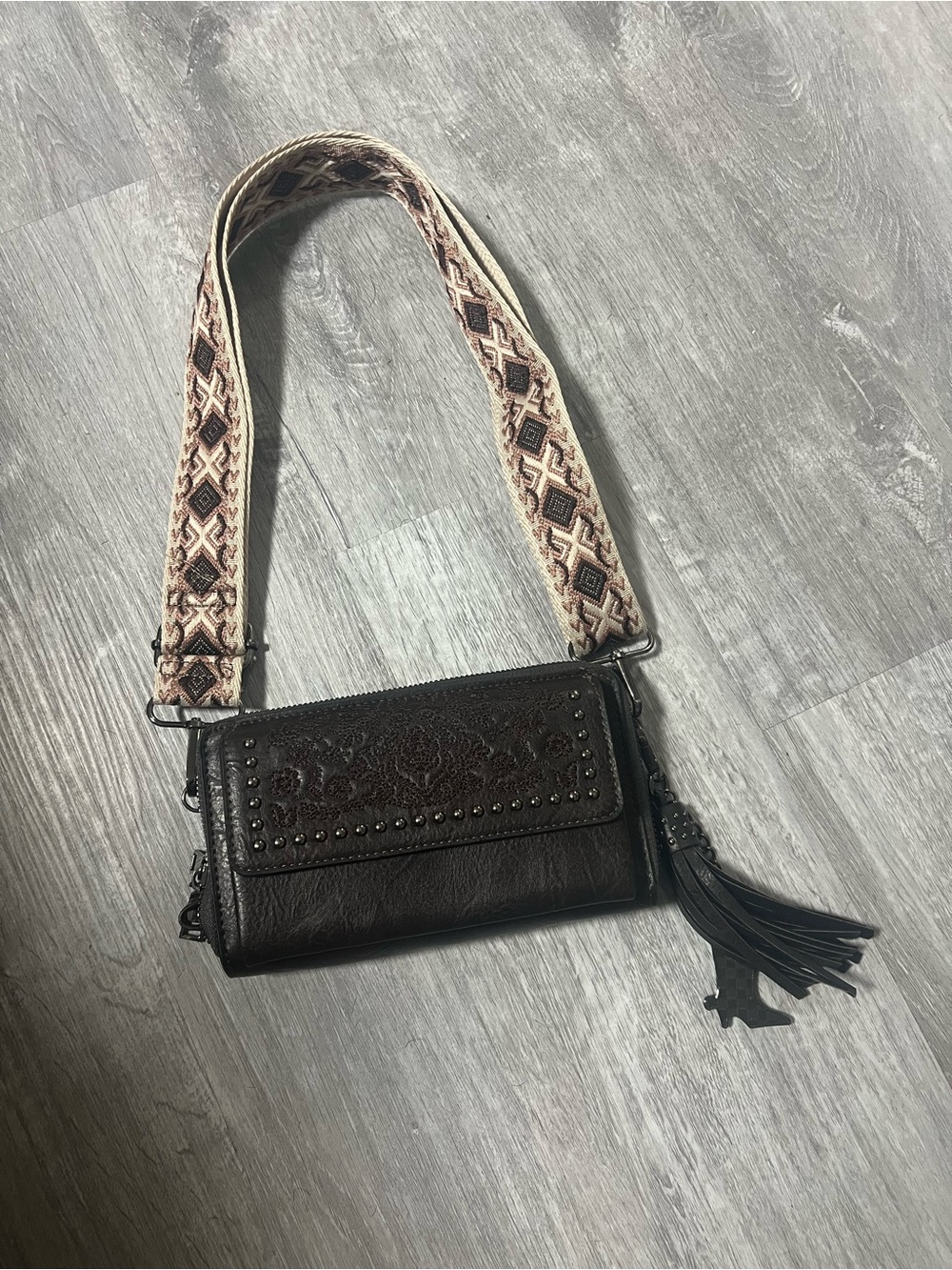 Embroidered Dark Brown Leather Crossbody with Patterned Strap
